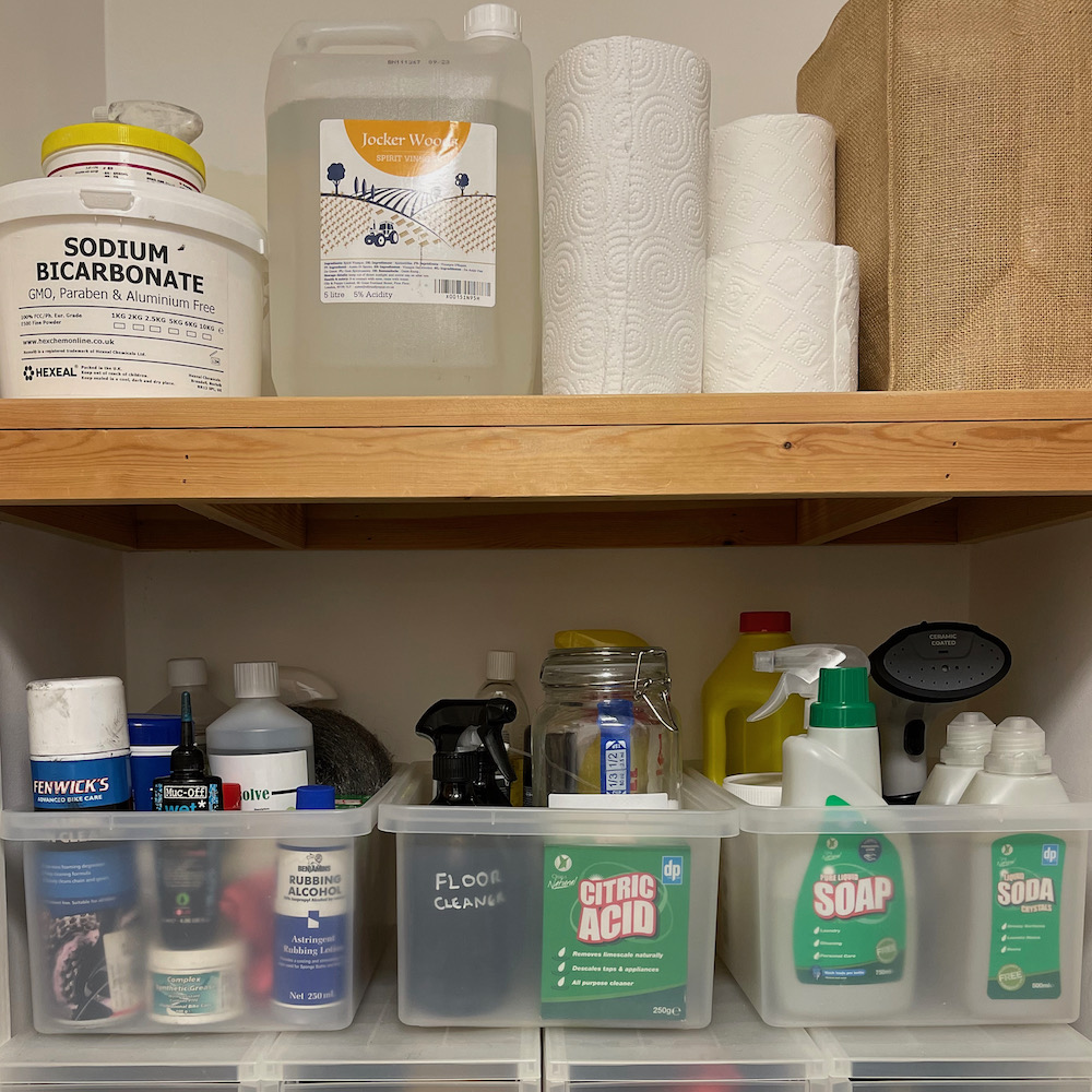 My cleaning cupboard after the switchover. With some toxic bike cleaners on the left - I haven’t switched over those yet