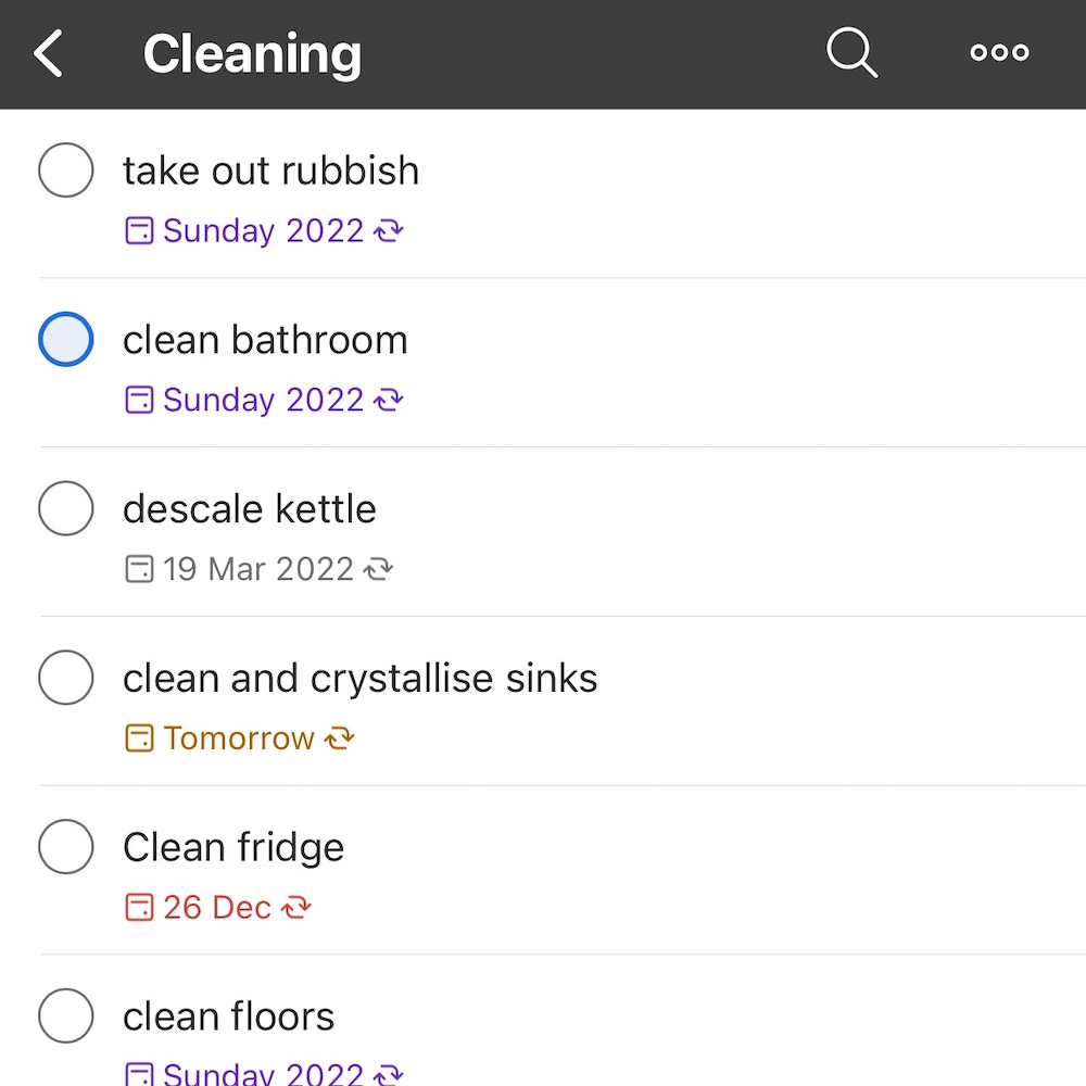 A list of cleaning tasks in my Todoist app